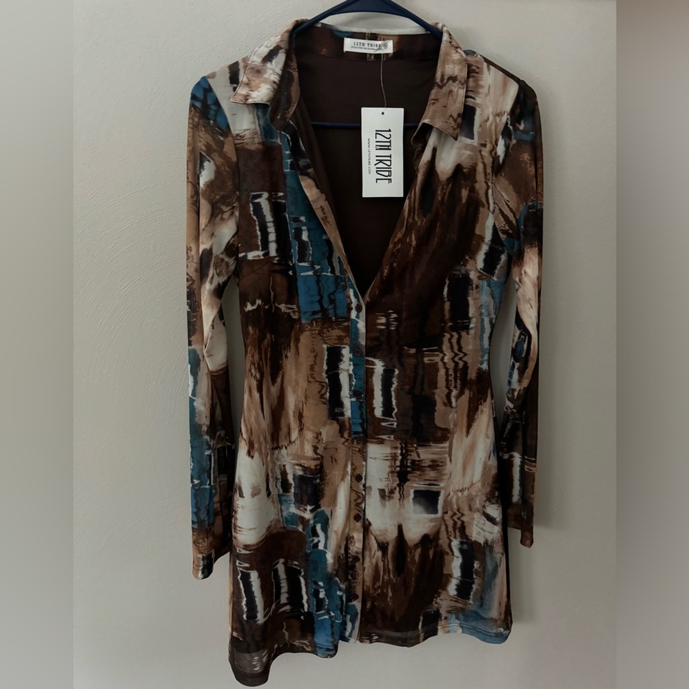 BRAND NEW 12th tribe Polluck Brown Button Up Mesh Dress